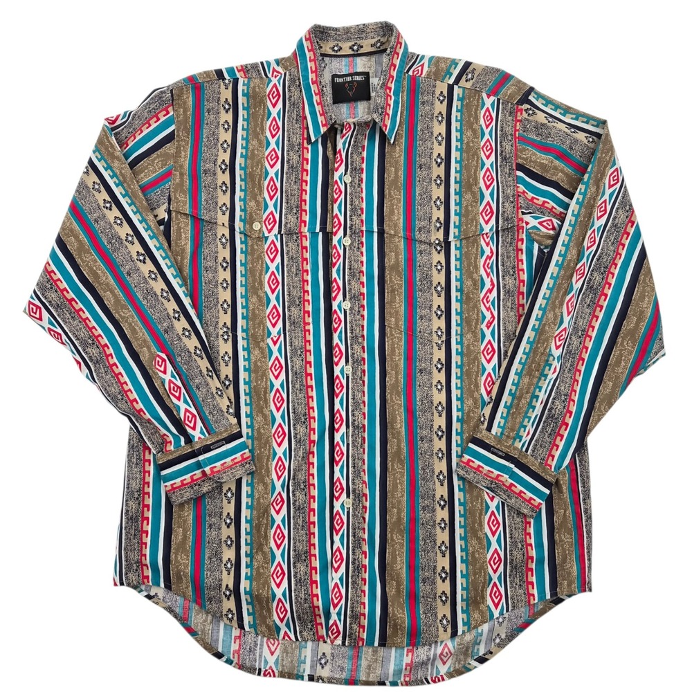 Frontier Series Mens Geometric Stripe Button‎ Down Shirt Large Cotton